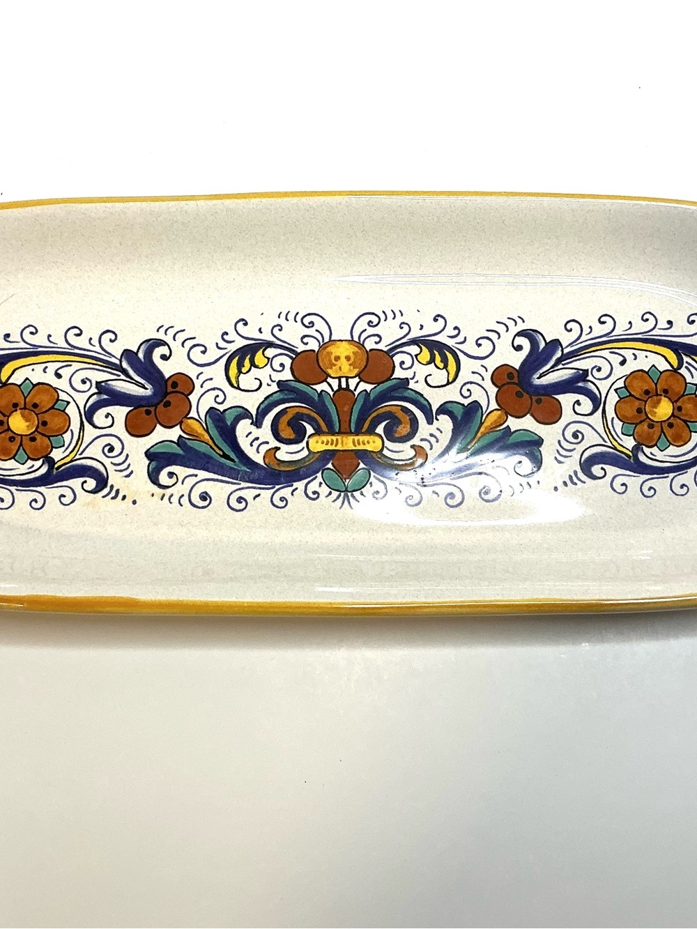 Hand-Painted Ceramic Serving Tray in Blue, Yellow & Green
